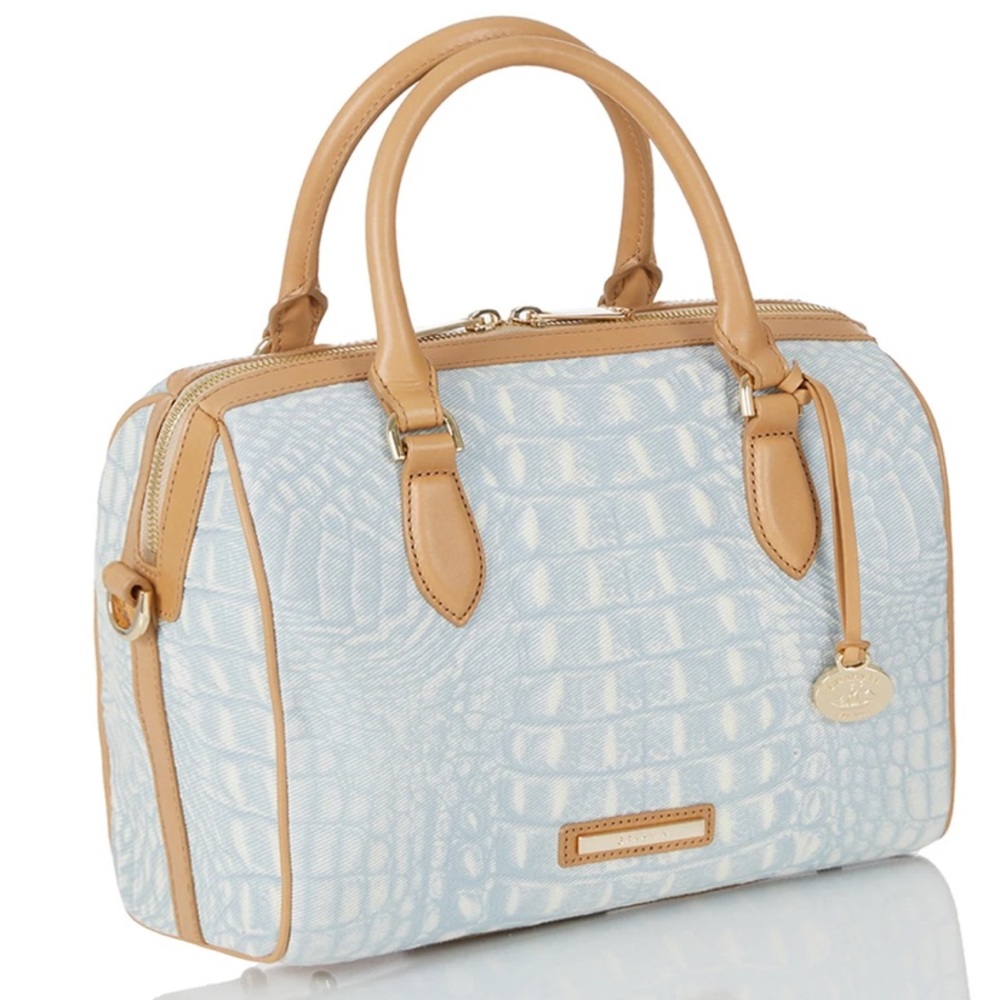 Brahmin Stacy Satchel Bag Croc Embossed Light Denim Quinze Tan Leather Accents - Picture 5 of 16
